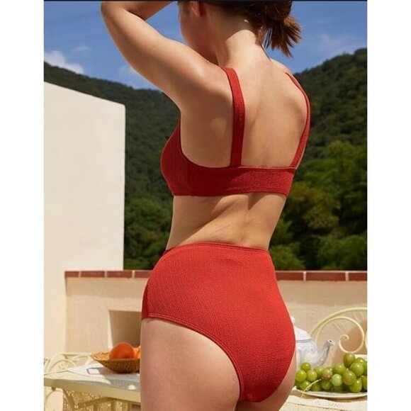 Women's S Two-Piece High Waist Bikini Swimsuit Textured Pumpkin Rust NWT - Picture 2 of 16